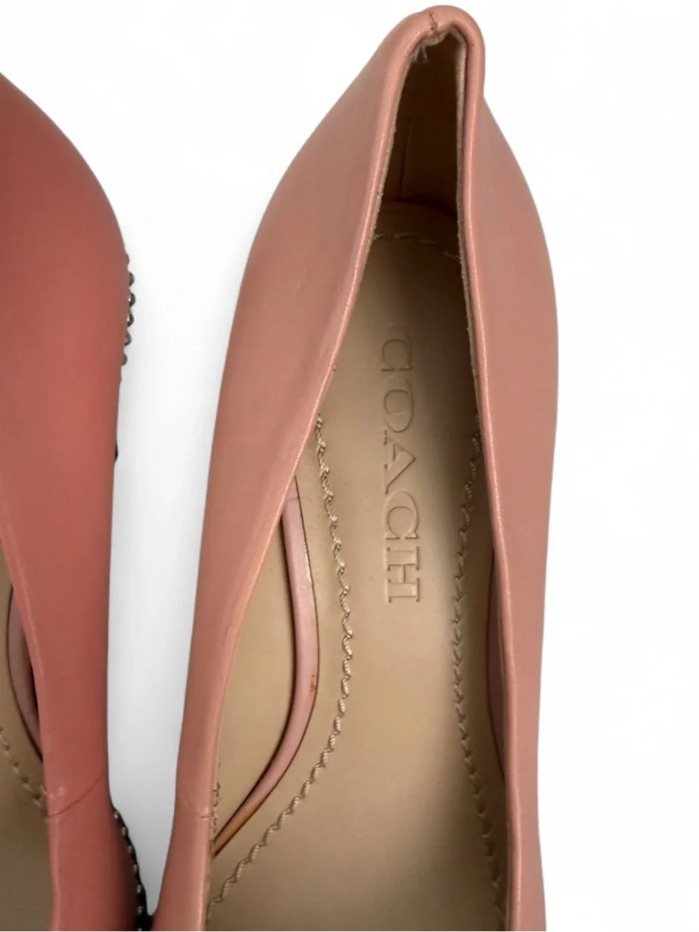 Coach Blush Pink Pointed-Toe Mid-Heel Pumps with Gold Trim